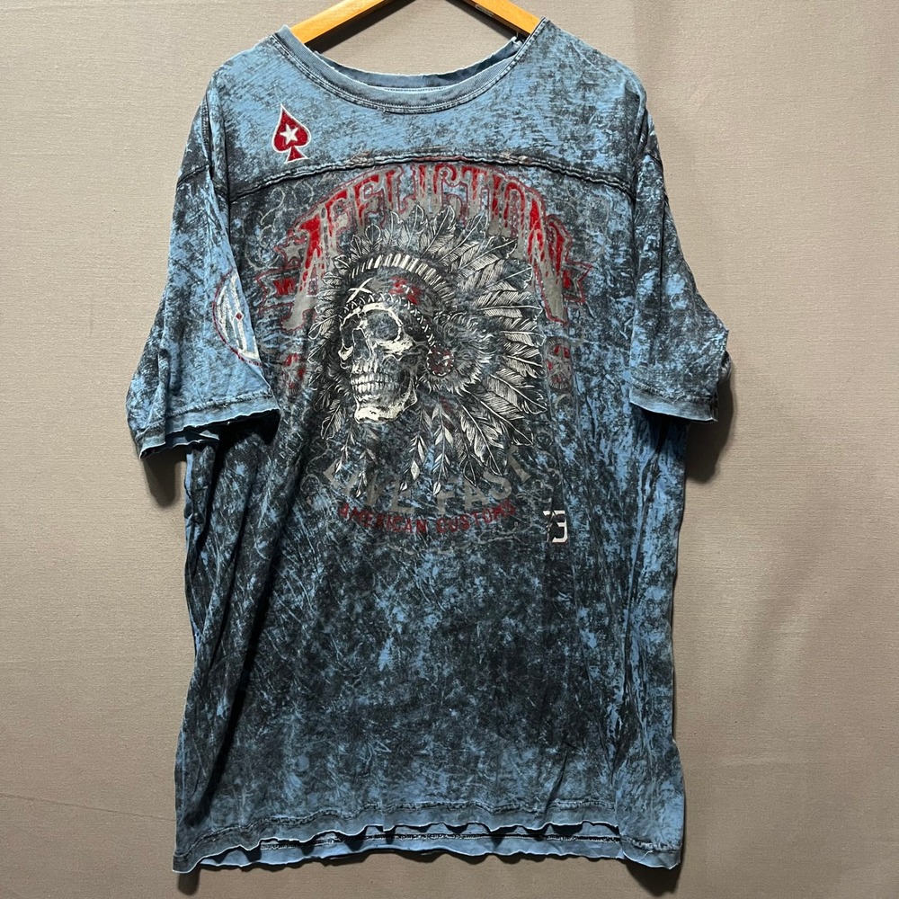 Affliction Live Fast American Customs Skull Headdress Acid Wash Blue Tee Mens XL